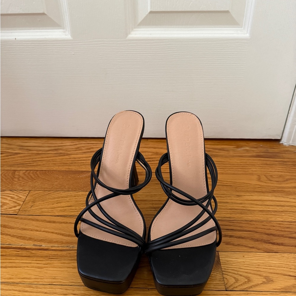 Black Strappy Square-Toe Mule Heels